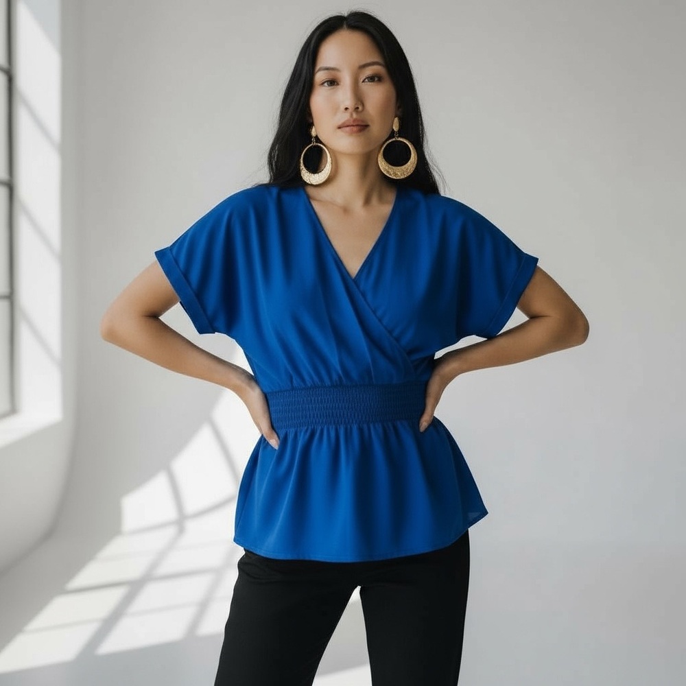Royal Blue Smocked Waist Wrap Blouse